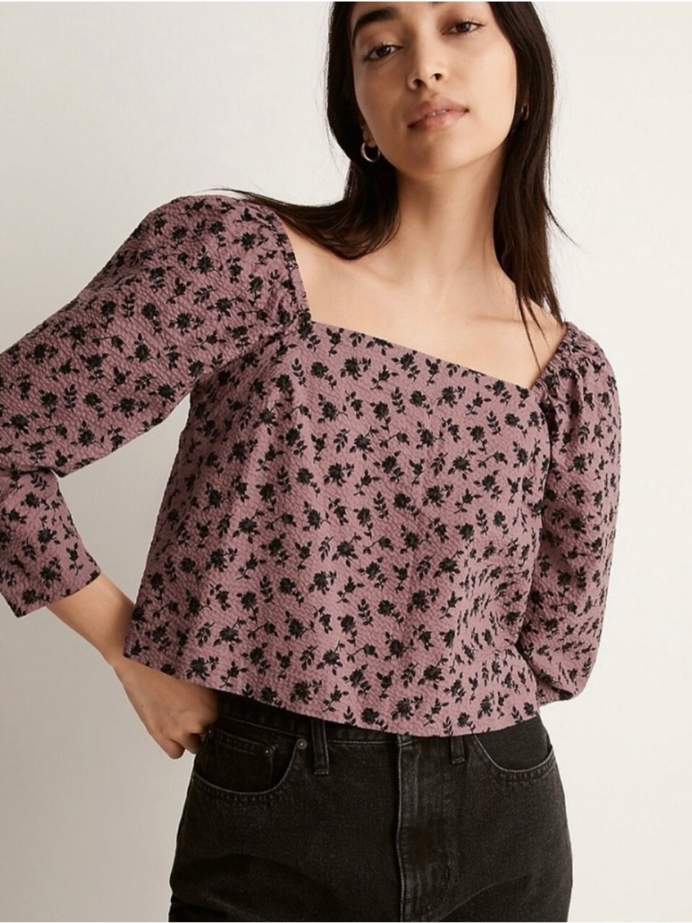Madewell Mauve Floral Square Neck Puff Sleeve Top